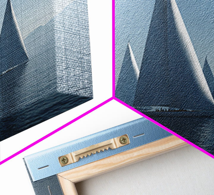 Minimalist White Sailboats Framed Canvas Print, Misty Lake Wall Art, Scandinavian Modern Nautical Decor, Calm Blue Seascape