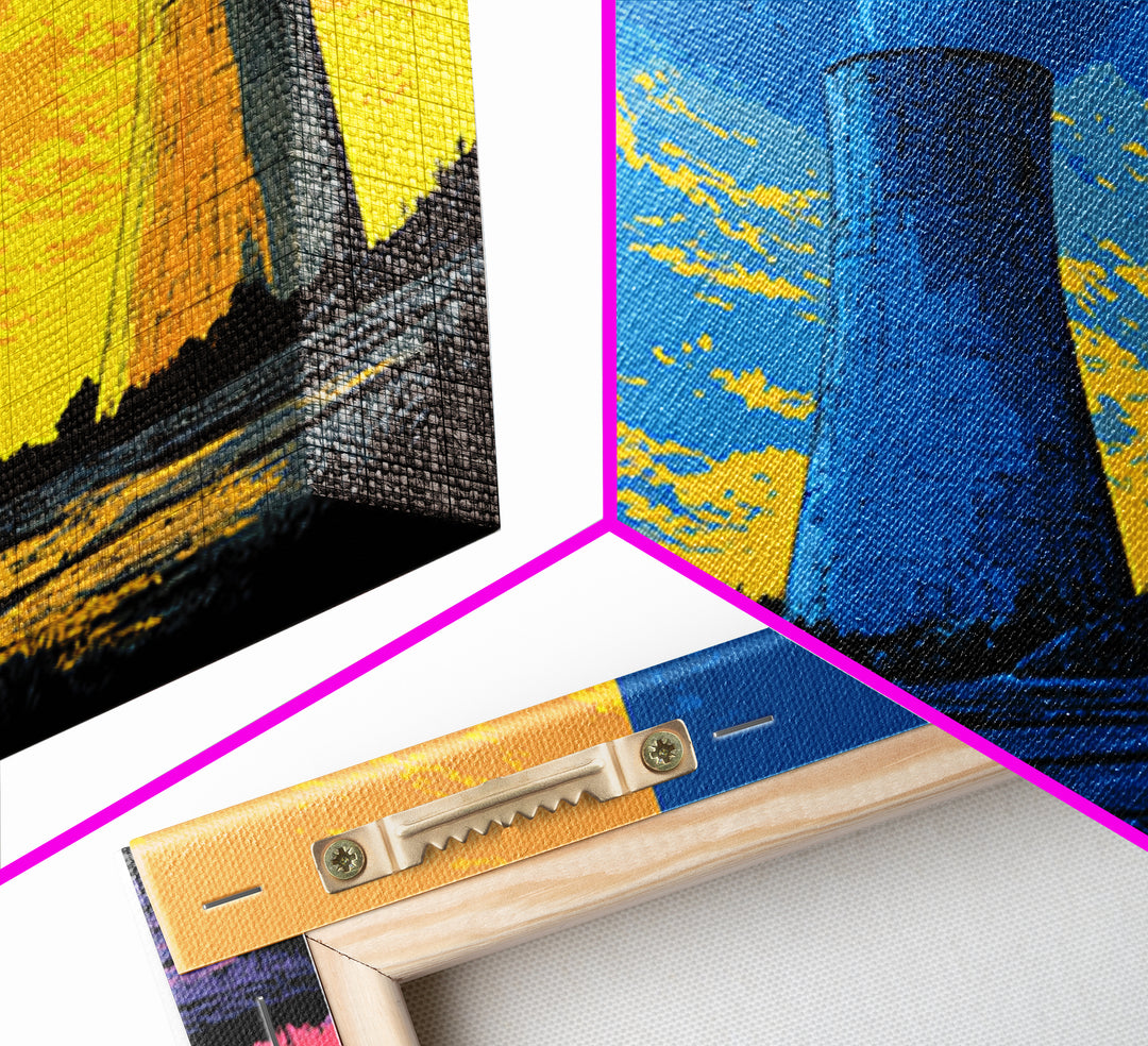 Triptych Cooling Tower Wall Art, Three Panel Pop Art Industrial Poster, Colorful Retro Canvas Print, Bold Modern Office Decor