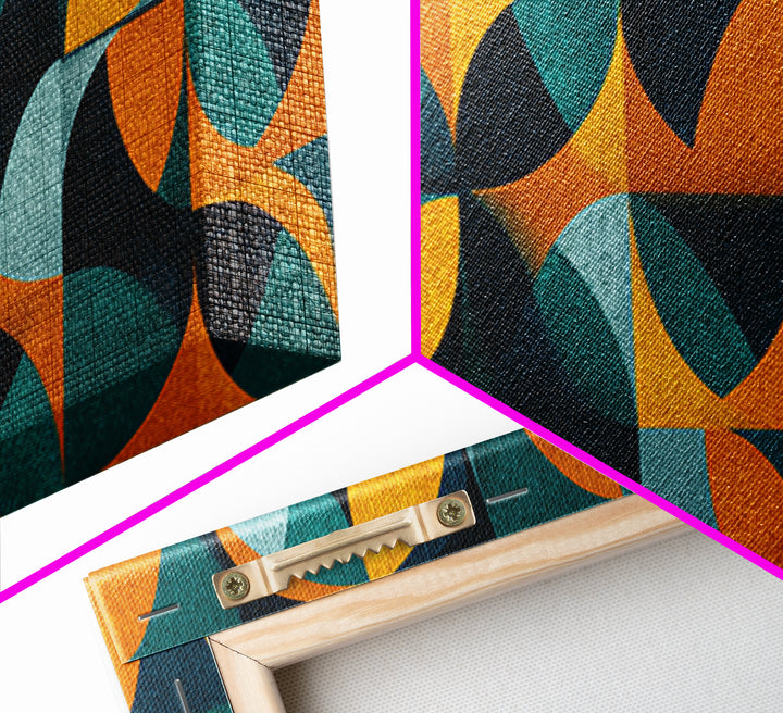 Teal And Ochre Petal Geometry With Circles Framed Canvas Print, Midcentury Modern Wall Art, Atomic Retro Pattern Decor Poster