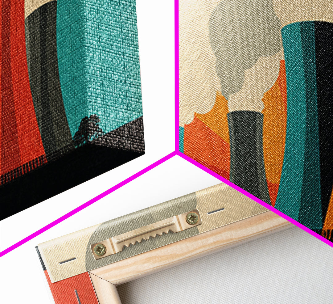 Retro Smokestack Power Plant Canvas Print, Midcentury Modern Industrial Wall Art, Orange Teal Factory Poster, Bold Decor