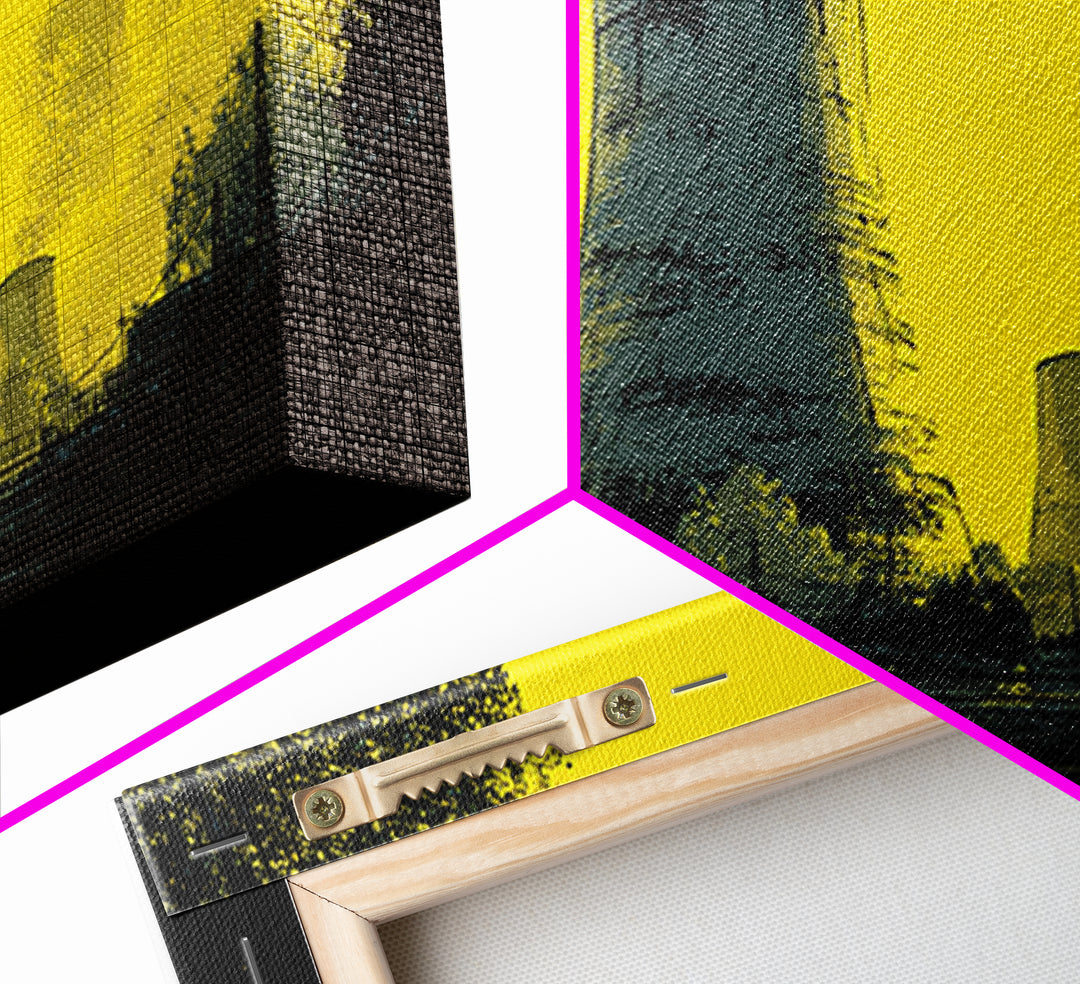 Yellow Nuclear Cooling Towers Wall Art, Industrial Landscape Print, Retro Sci Fi Poster, Modern Wall Decor, Statement Artwork