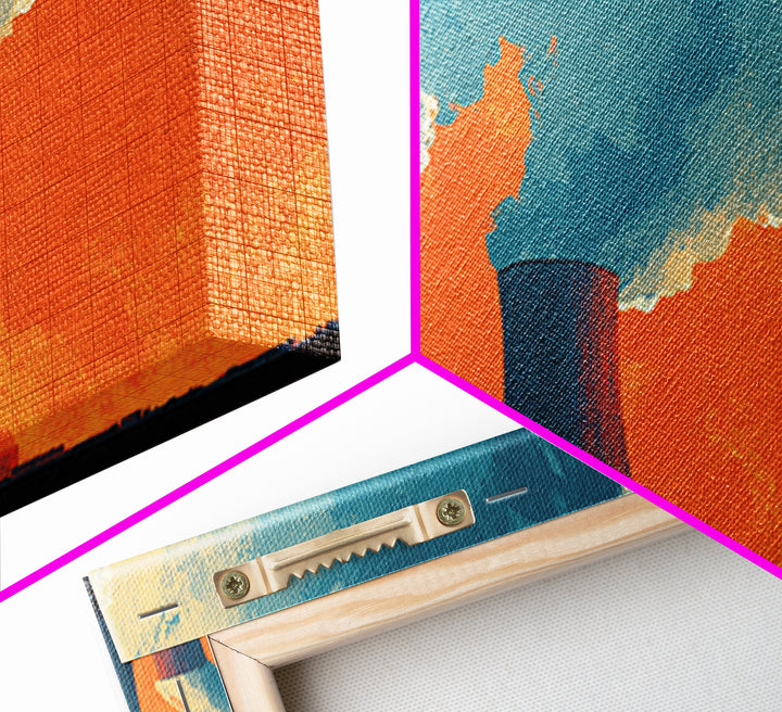 Orange Nuclear Cooling Towers Framed Canvas Print, Industrial Skyline Wall Art, Retro Modern Decor, Bold Landscape Poster