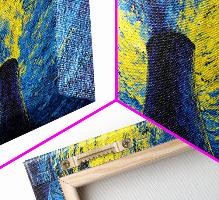 Blue Yellow Cooling Towers Canvas Print, Industrial Night Sky Wall Art, Modern Abstract Decor, Retro Sci Fi Poster Print