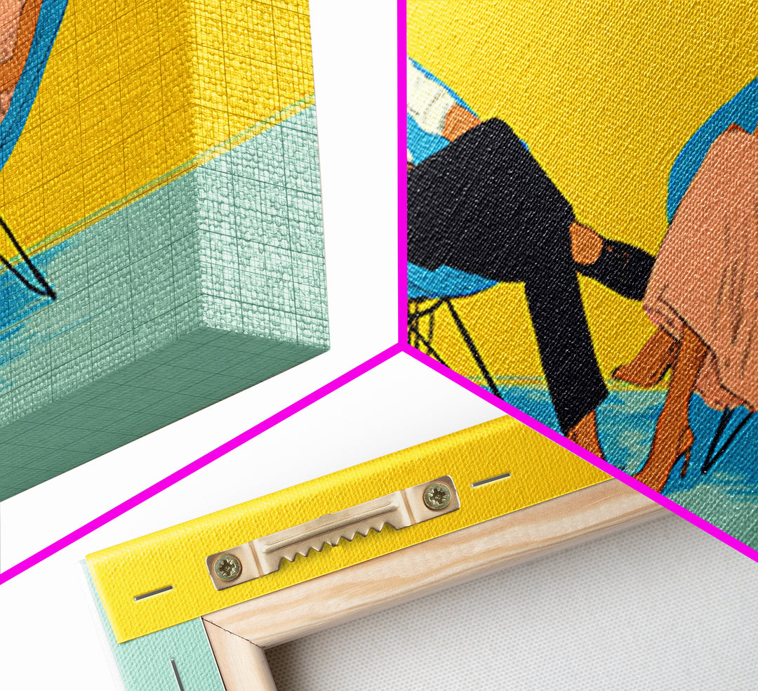 Midcentury Couple In Blue Chairs Canvas Print, Retro Modern Wall Art, MCM Lounge Decor, Colorful Living Room Poster Art Print