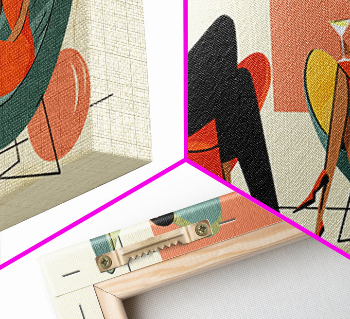Midcentury Cocktail Lounge Framed Canvas Print, Stylish Couple Wall Art, Retro MCM Decor, Modern Living Room Poster Art Print