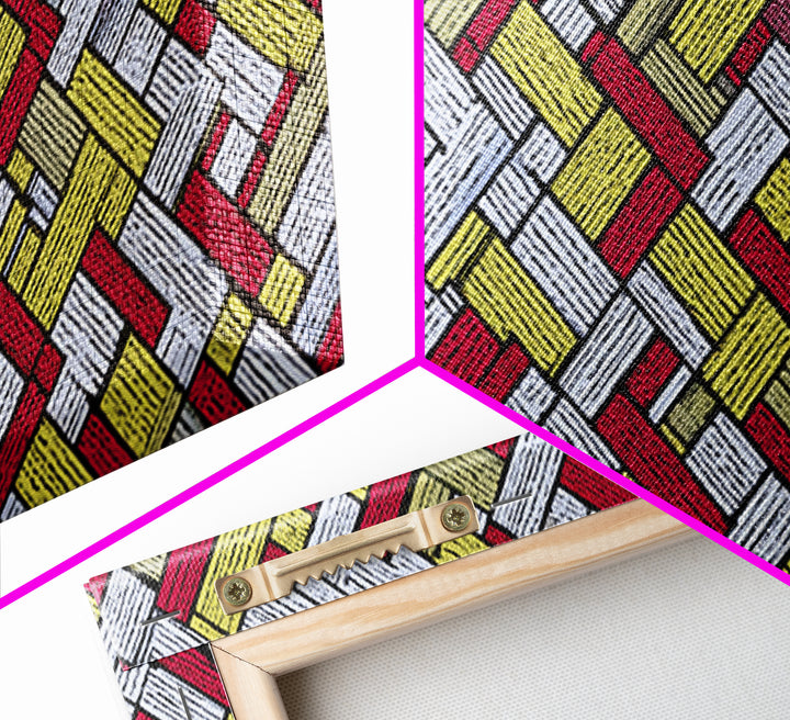 Red Yellow Herringbone Brick Pattern Canvas Print, Retro Geometric Wall Art, Mid Century Modern Decor For Kitchen Office