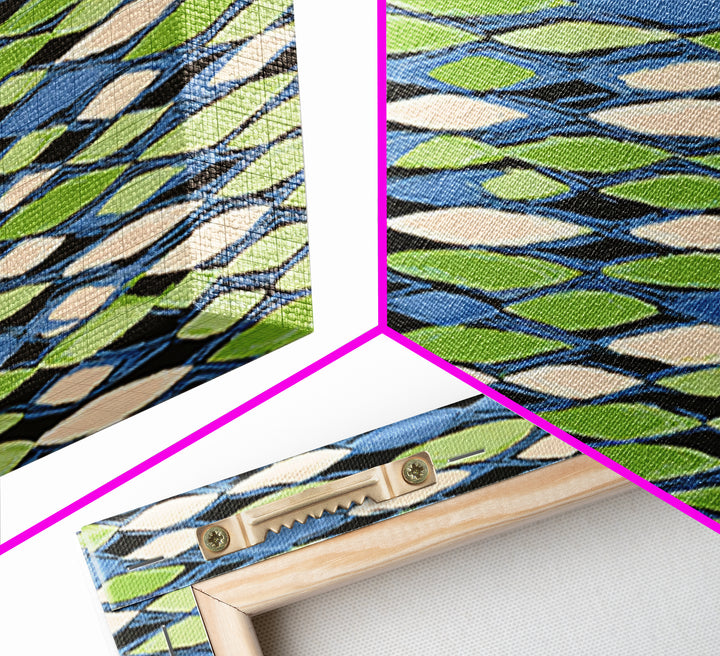 Blue Green Cream Diamond Lattice Wall Art, Scandinavian Modern Geometric Print, Mid Century Decor For Living Room Office