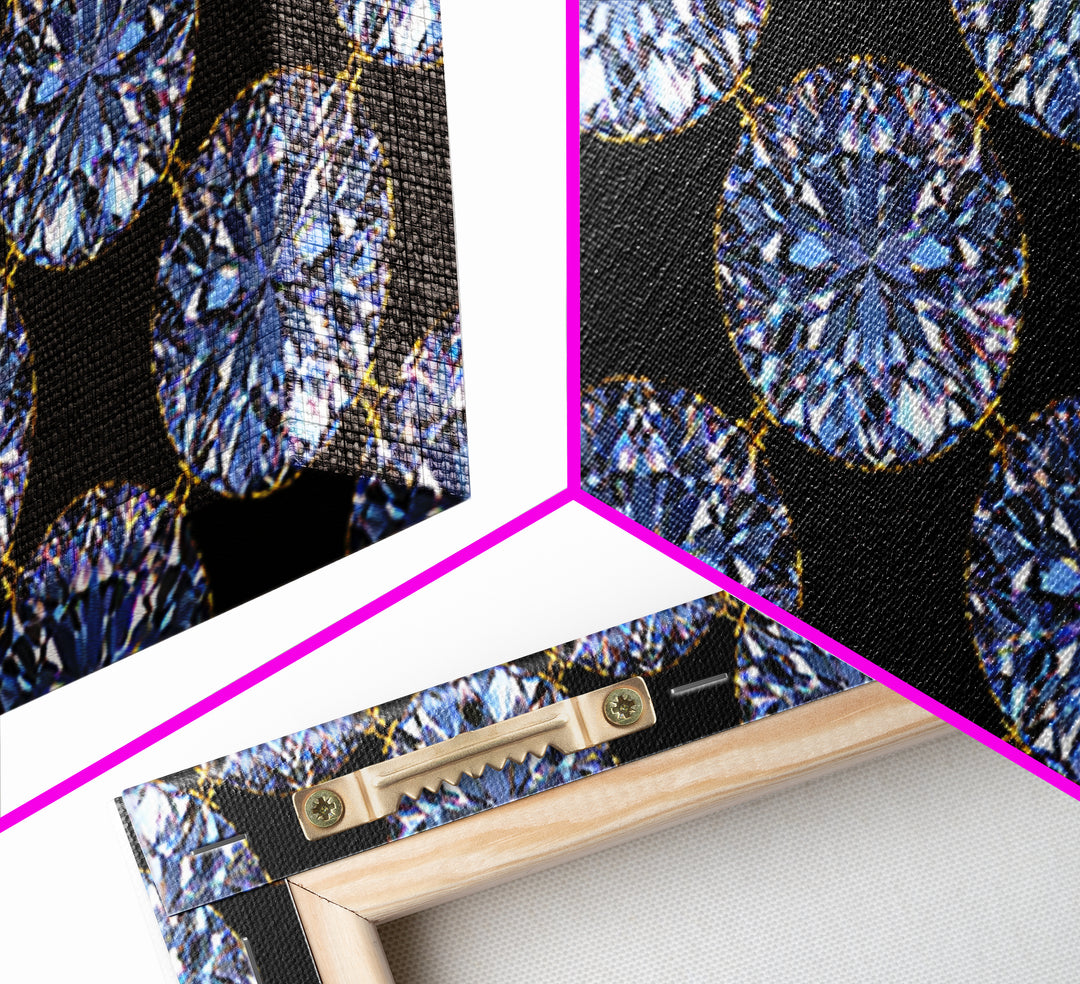 Blue Diamond Gemstone Circle Pattern Framed Canvas Print, Glam Modern Wall Art, Geometric Decor For Bedroom Vanity Office