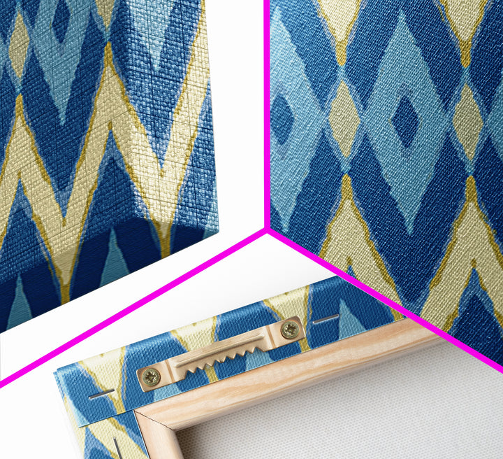 Blue Gold Ikat Chevron Diamond Wall Art, Scandinavian Modern Geometric Print, Mid Century Decor For Bedroom Living Room Home