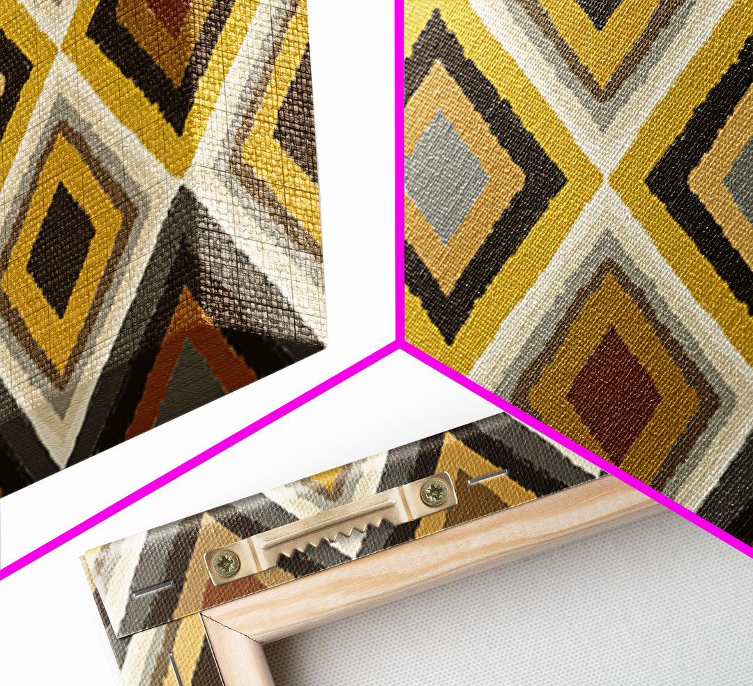 Brown Gold Gray Retro Diamond Pattern Canvas Print, Mid Century Modern Wall Art, Geometric MCM Decor For Living Room Office