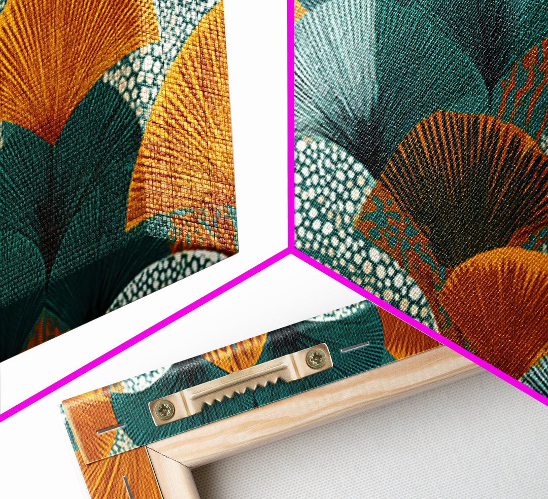 Ginkgo Fan Leaves In Teal Mustard And Aqua Canvas Print, Midcentury Modern Botanical Wall Art, Art Deco Pattern Decor Poster