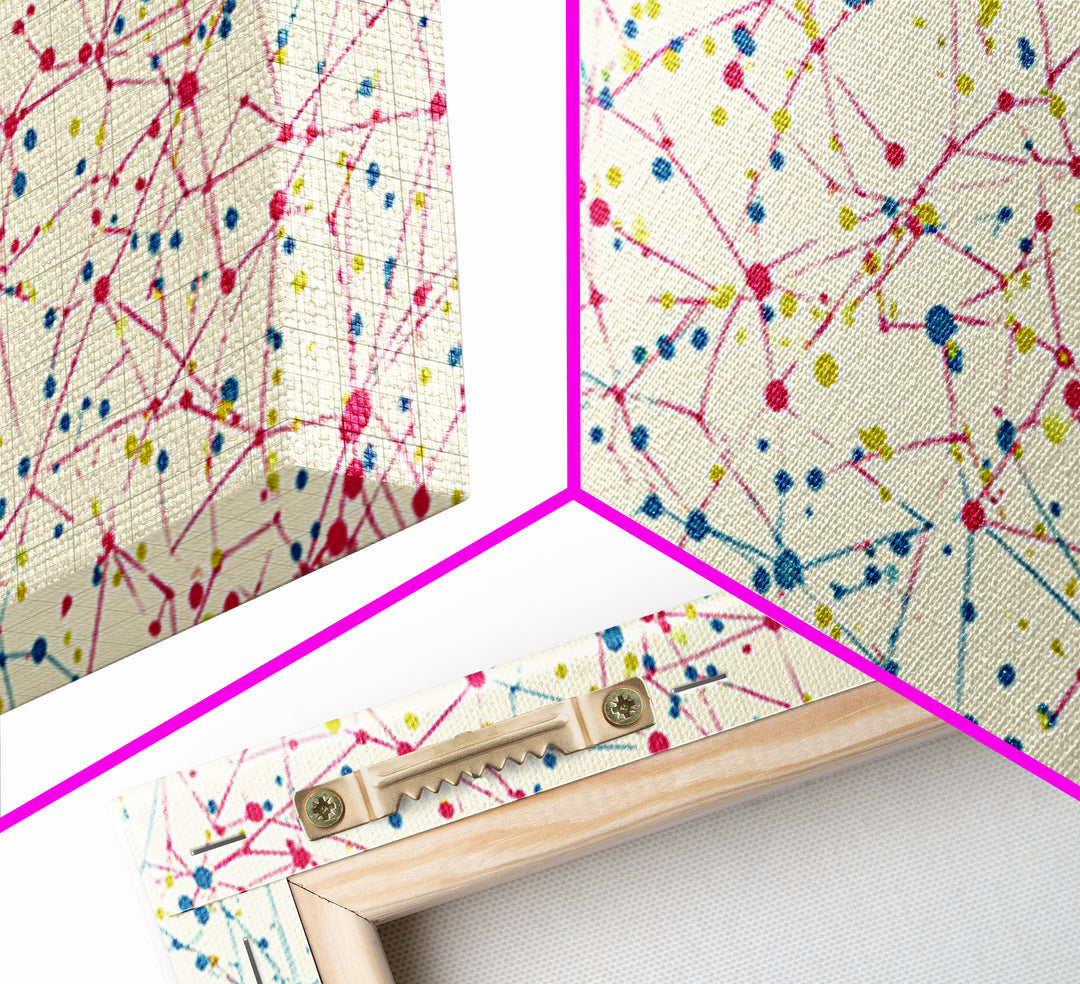 Pink Teal Yellow Connected Dot Pattern Canvas Print, Midcentury Modern Abstract Wall Art, Colorful Geometric Home Office Decor