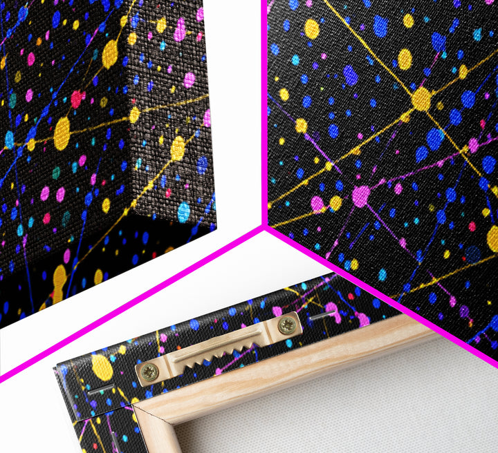 Black Cosmic Splatter Network With Pink Blue Gold Dots Wall Art, Retro Modern Abstract Art Print, Space Abstract Living Room Decor