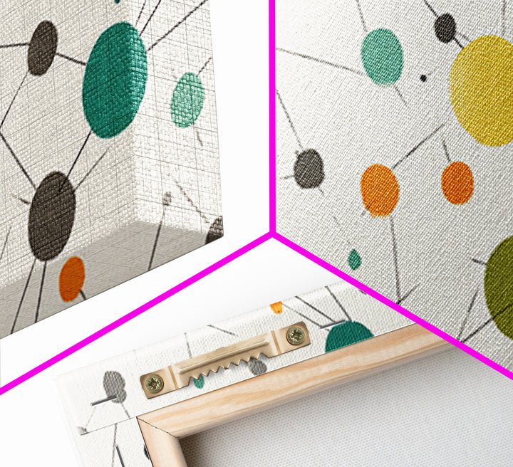 Teal Yellow Orange Atomic Circles Framed Canvas Print, Midcentury Modern Wall Art, Geometric Abstract Office And Home Decor