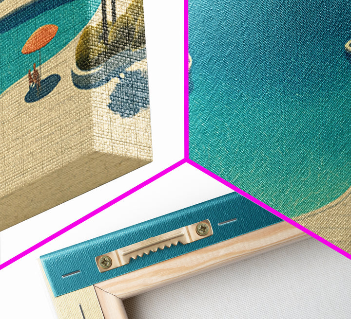 Serene Lagoon Pool With Palm And Umbrella Framed Canvas Print, Mid Century Modern Wall Decor, Retro Coastal Resort Art Poster