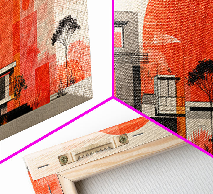 Orange Modernist Architecture And Red Sun Wall Art, Mid Century Modern Decor, Abstract Desert Print, Bauhaus Style Poster