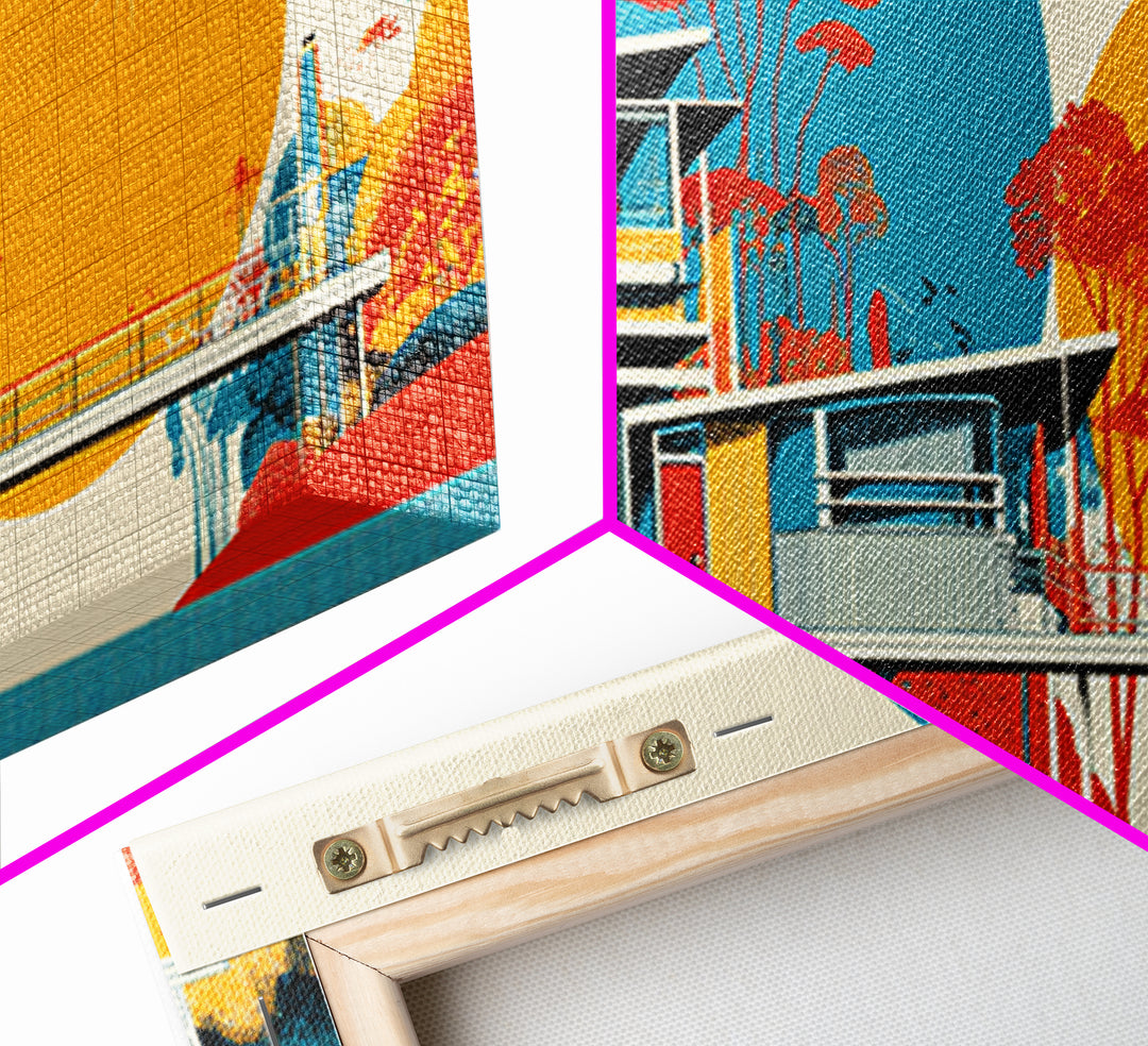 Midcentury House With Teal Arch And Golden Sun Wall Art, Mid Century Modern Decor, Retro Geometric Poster, Orange Print Gift