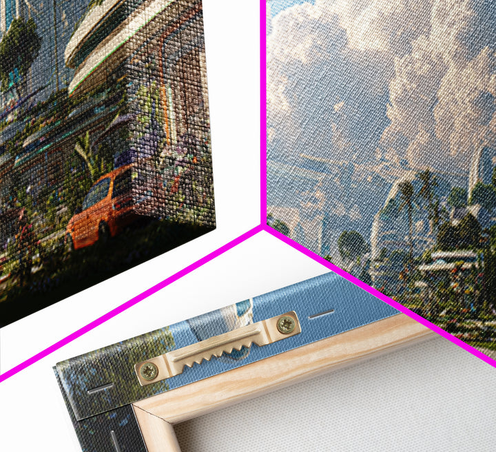 Futuristic Garden City With Rings And Towers Canvas Print, Sci Fi Wall Decor, Modern Landscape Poster, Eco Utopia Home Art
