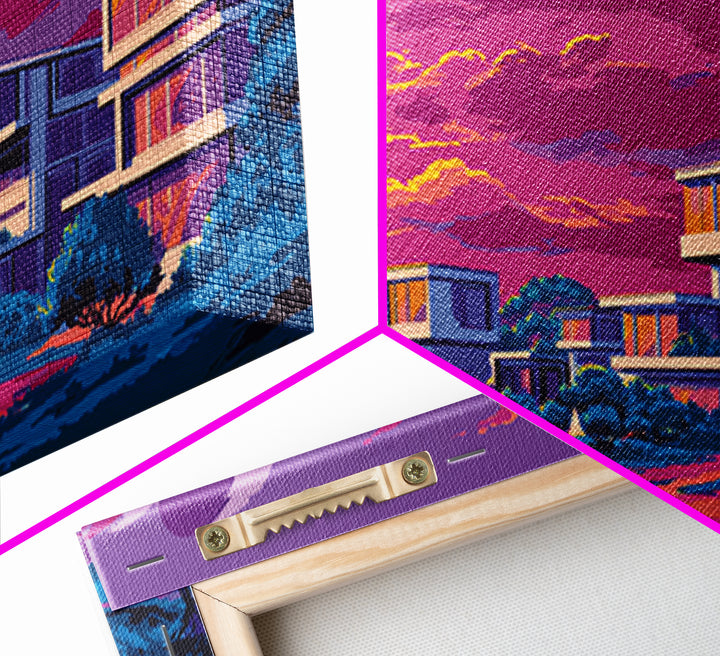 Vibrant Sunset Midcentury Homes Wall Art, Retro Modern Landscape Print, Palm Springs Decor, Colorful MCM Living Room Art