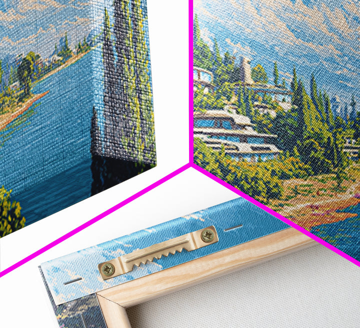 Sunny Lake Como Futuristic Villas Framed Canvas Print, Midcentury Modern Wall Art, Scenic Travel Poster, Blue Home Decor Print