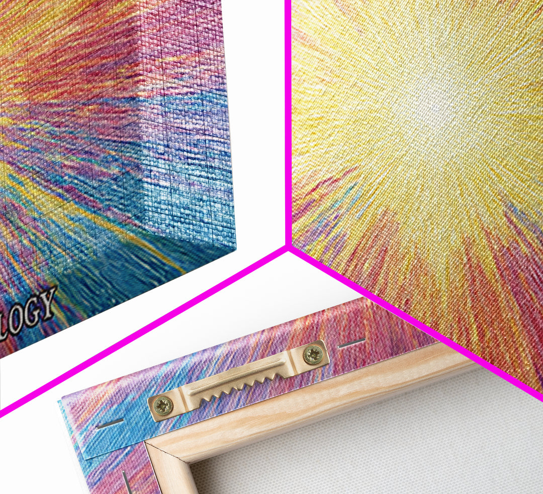 Golden Progress Technology Sunburst Wall Art, Psychedelic Op Art Print, Retro Futuristic Poster, Colorful Office Decor Gift