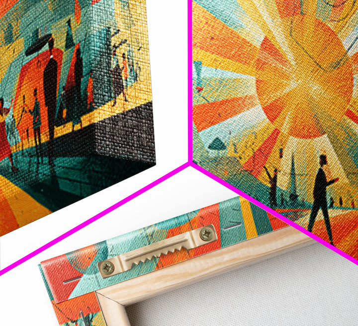 Futuristic Orange Teal City Plaza Framed Canvas Print, Atomic Midcentury Modern Wall Art, Geometric Retro Decor Poster Print