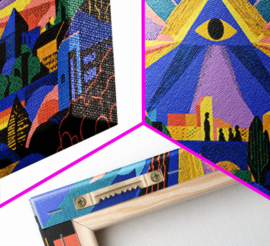 All Seeing Eye Over Colorful City Wall Art, Spiritual Midcentury Modern Print, Psychedelic Retro Poster, Mystical Decor Gift