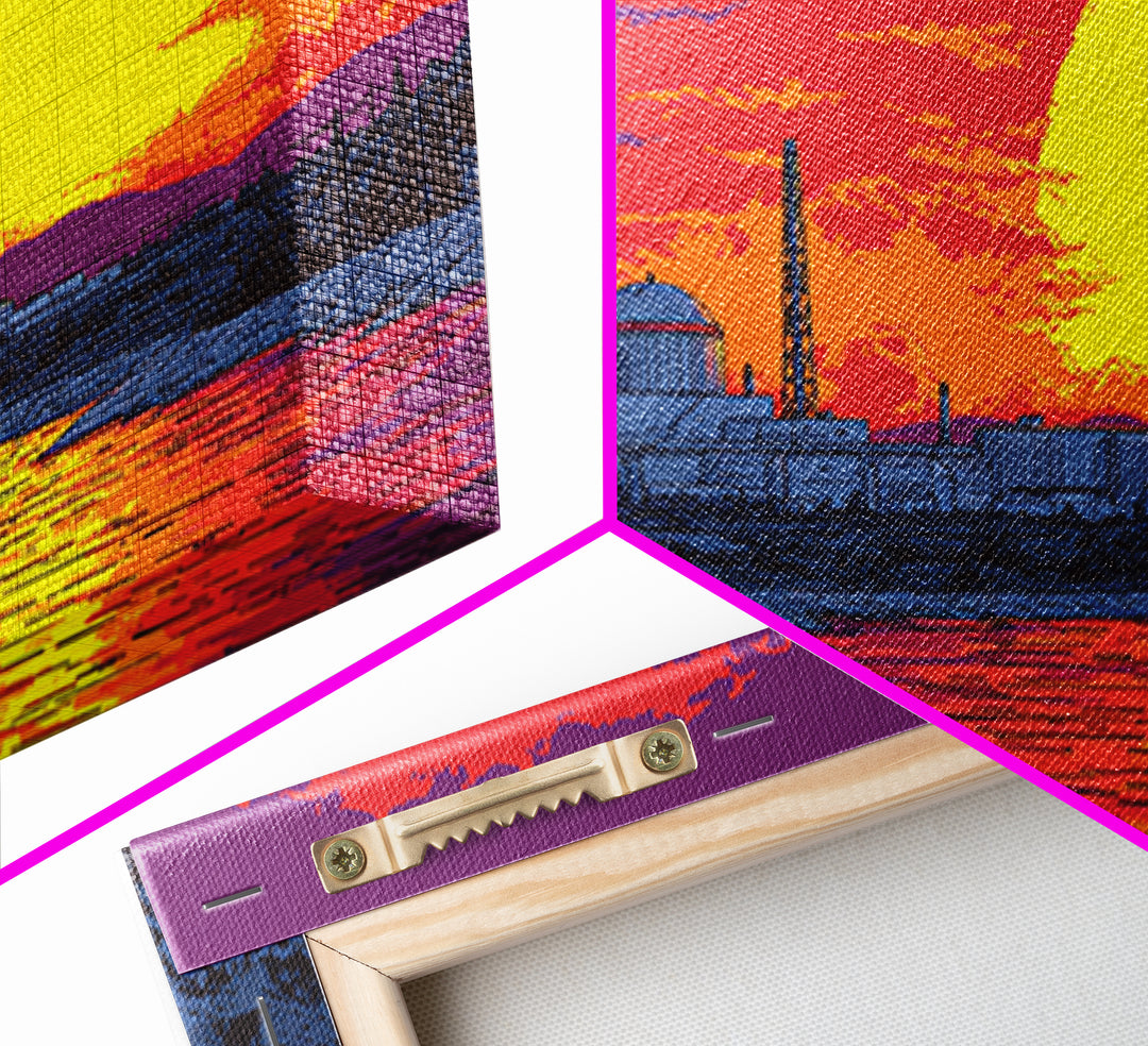 Purple Sunset Nuclear Plant Canvas Print, Retro Futurist Industrial Poster, Midcentury Modern Wall Art, Orange Lake Decor