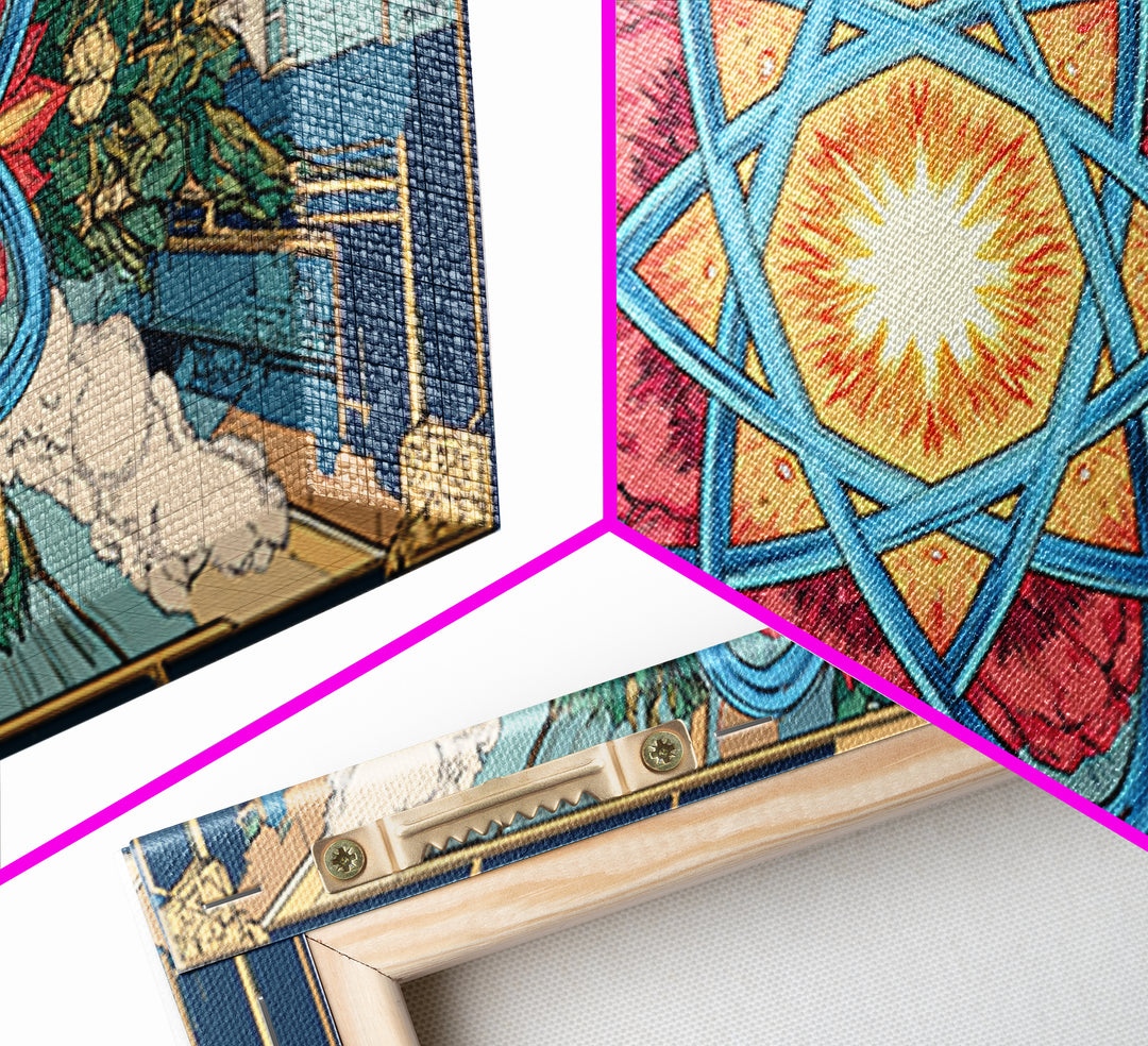 Ornate Atomic Starburst Kaleidoscope Framed Canvas Print, Symmetrical Retro Futurist Poster, Midcentury Modern Wall Art Decor