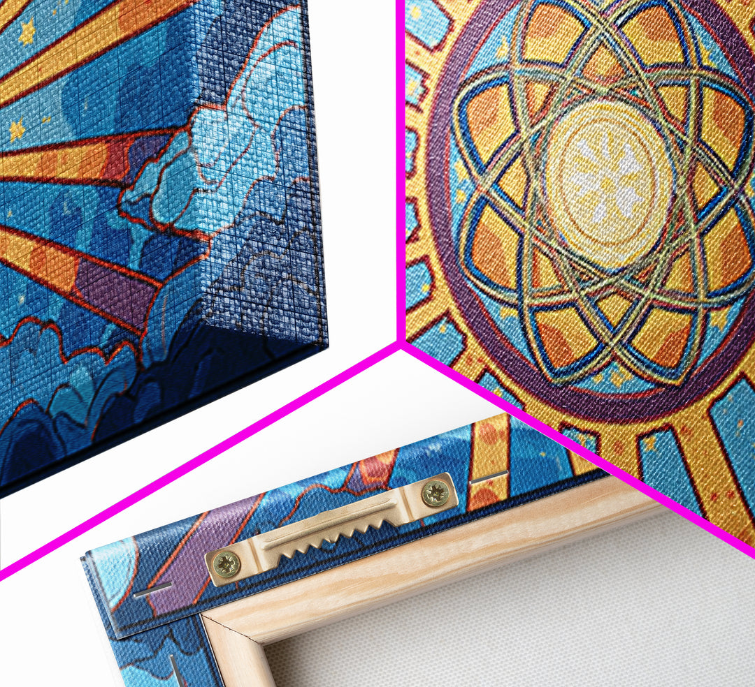 Celestial Atomic Starburst In Blue Clouds Canvas Print, Retro Futurist Midcentury Modern Wall Art, Geometric Poster Decor