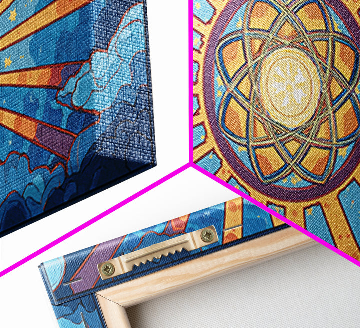 Celestial Atomic Starburst In Blue Clouds Canvas Print, Retro Futurist Midcentury Modern Wall Art, Geometric Poster Decor