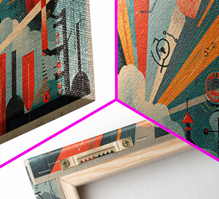 Atomic Orange Teal Geometric Burst Wall Art, Midcentury Modern Decor, Retro Abstract Art Print, Bauhaus Office Home Decor