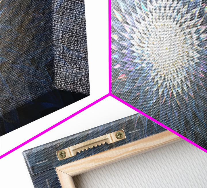 Blue Crystal Radial Mandala Framed Canvas Print, Modern Abstract Wall Art, Geometric Light Decor, Serene Home Office Decor