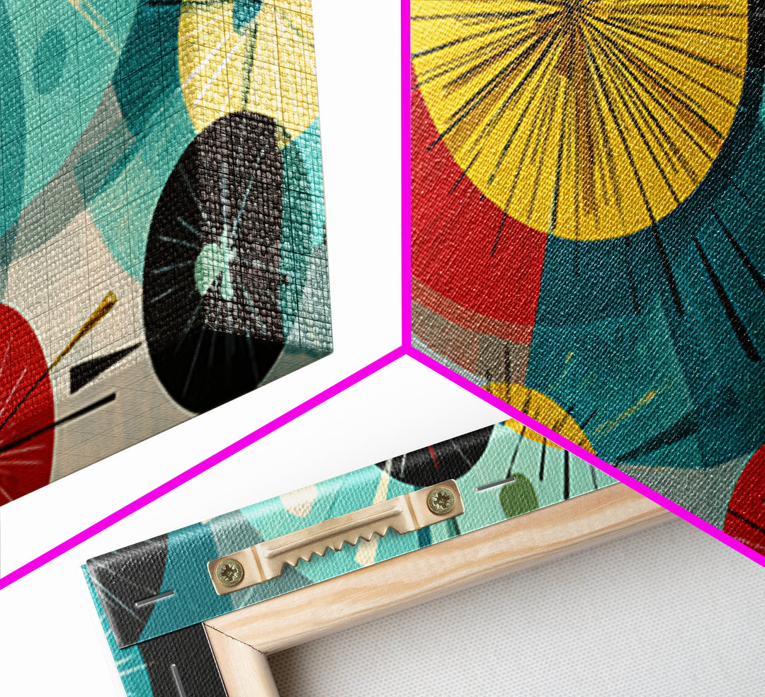 Teal Red Yellow Atomic Circles Wall Art, Midcentury Modern Abstract Art Print, Bauhaus Geometric Decor, Retro Home Office
