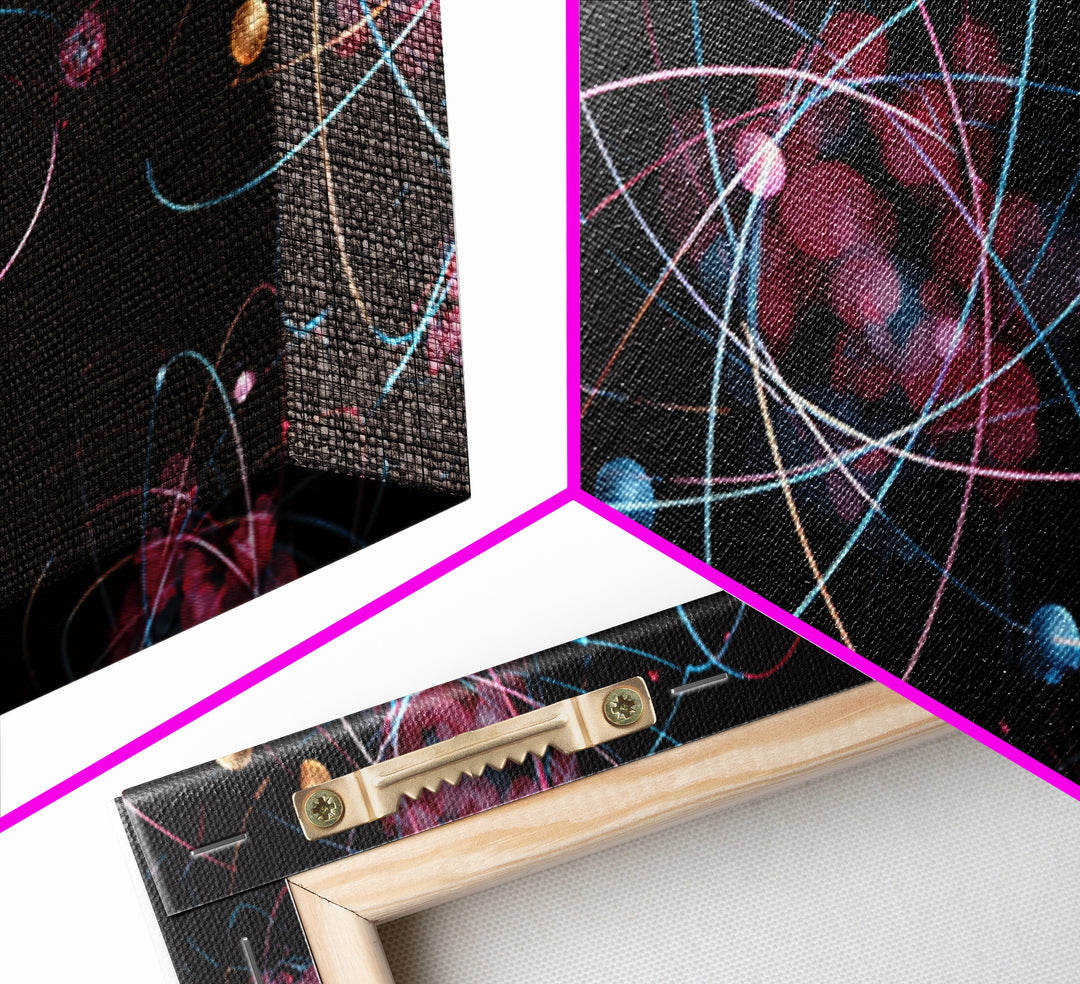 Glowing Pink Atomic Orbits On Black Wall Art, Midcentury Modern Abstract Print, Retro Space Decor, MCM Gallery Wall Home Decor