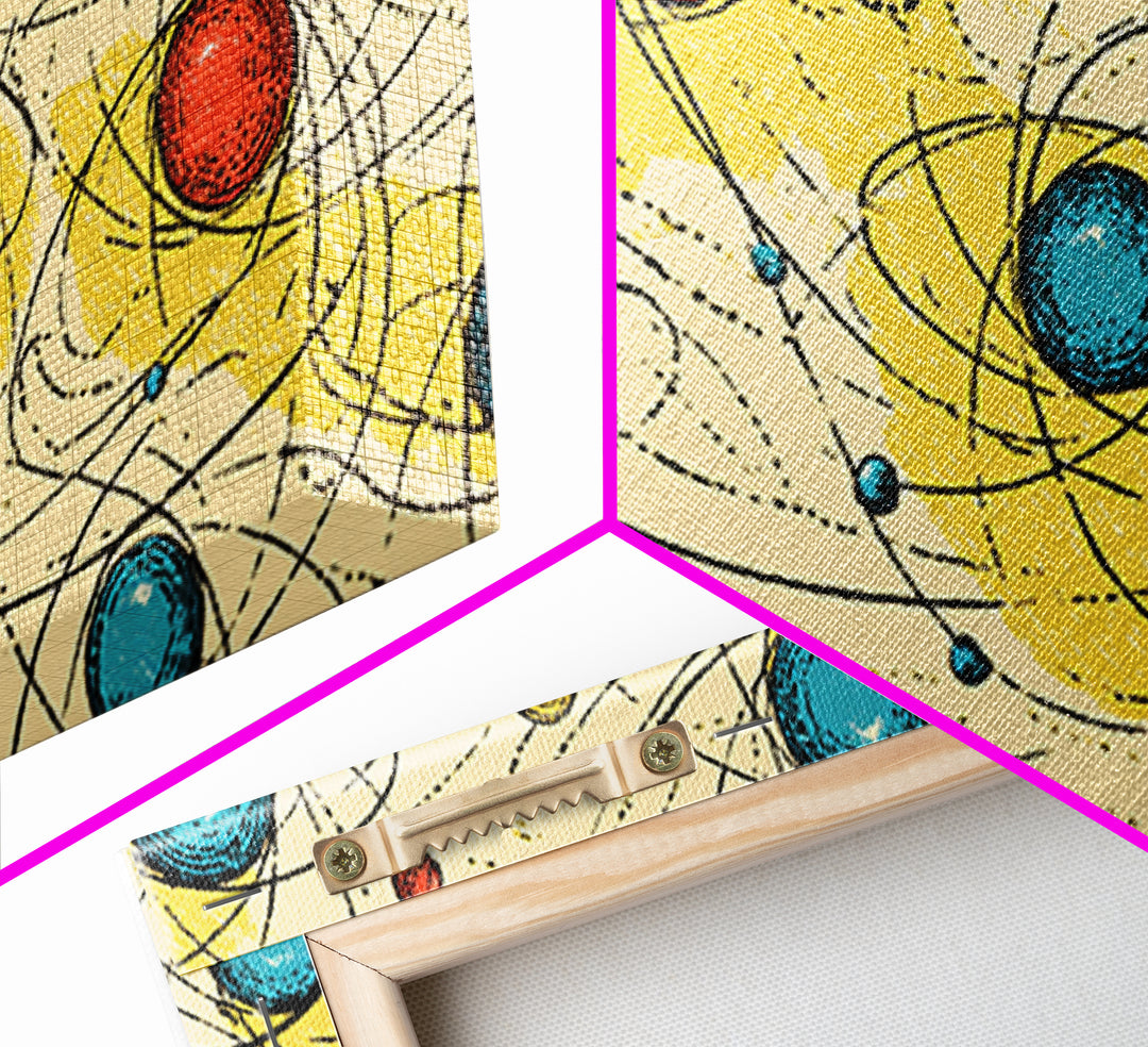 Yellow Blue Atomic Planets Wall Art, Midcentury Modern Abstract Print, Retro Space Poster, Geometric MCM Living Room Decor