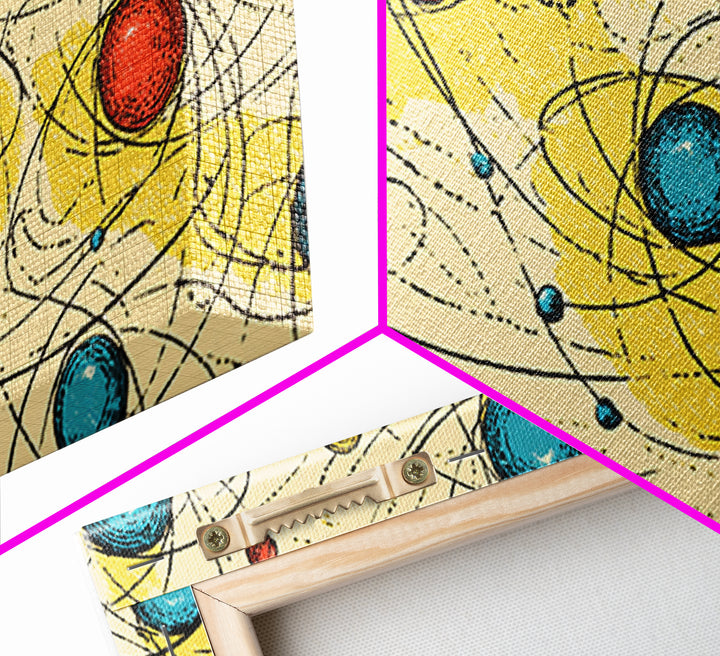Yellow Blue Atomic Planets Wall Art, Midcentury Modern Abstract Print, Retro Space Poster, Geometric MCM Living Room Decor