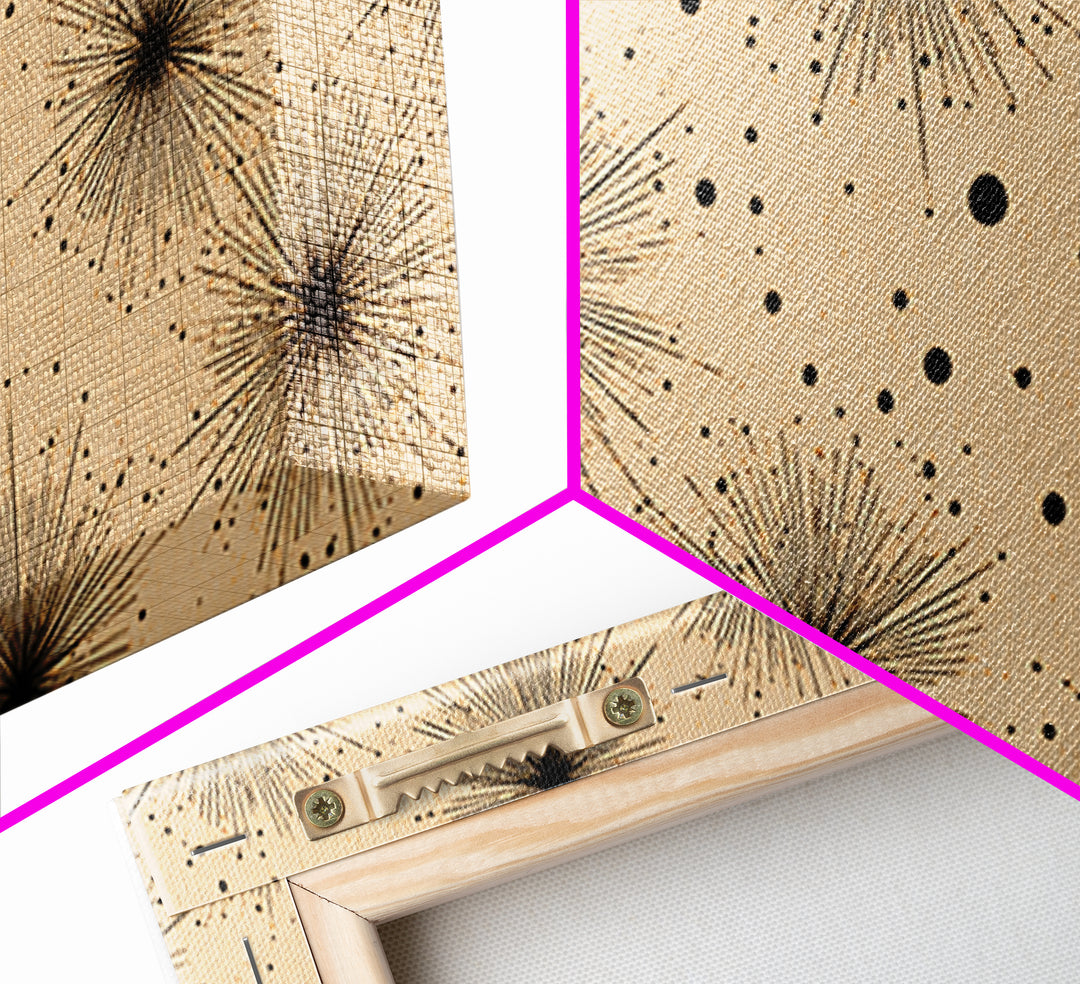 Black Atomic Starburst Dots Wall Art, Midcentury Modern Minimalist Canvas Print, Retro Geometric Decor, Neutral MCM Poster