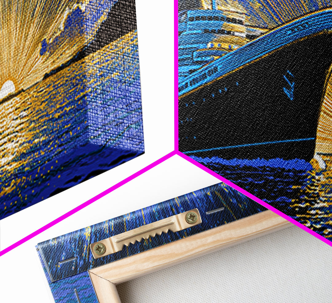 Dramatic Cruise Ship Sunset Canvas Print, Retro Travel Poster, Ocean Liner Wall Decor, Blue Gold Nautical Living Room Art