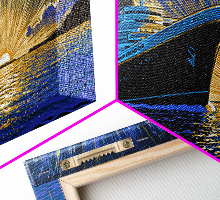 Dramatic Cruise Ship Sunset Canvas Print, Retro Travel Poster, Ocean Liner Wall Decor, Blue Gold Nautical Living Room Art