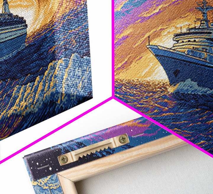Starry Cruise Ship Vortex Canvas Print, Retro Futuristic Ocean Poster, Purple Orange Wave Wall Decor, Cosmic Nautical Art