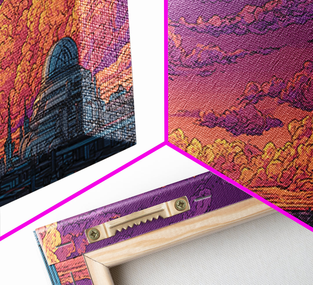 Purple Sunset City Skyline Canvas Print, Retro Futuristic Architecture Poster, Cloudscape Wall Decor, Modern Urban Home Art