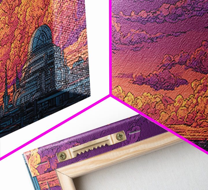 Purple Sunset City Skyline Canvas Print, Retro Futuristic Architecture Poster, Cloudscape Wall Decor, Modern Urban Home Art