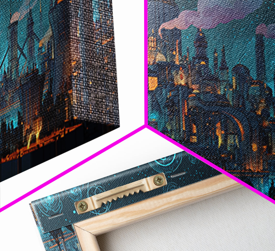 Teal Atomic Industrial Futuristic City Skyline Wall Art, Midcentury Modern Art Print, Retro Sci Fi Office Decor Poster Gift
