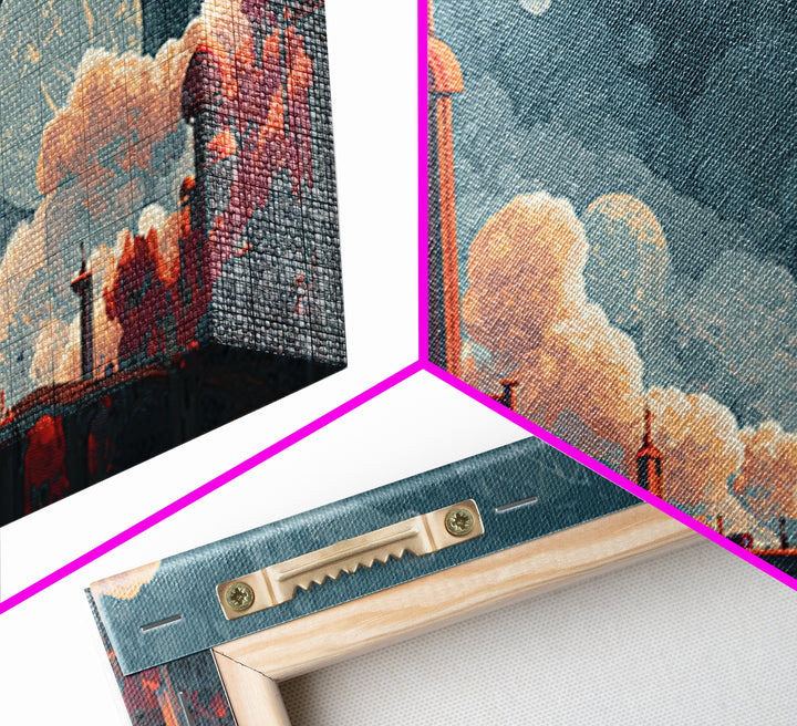 Coral Domed Retro Futurist Cloud City Canvas Print, Midcentury Modern Wall Art, Atomic Space Age Living Room Decor Poster Gift
