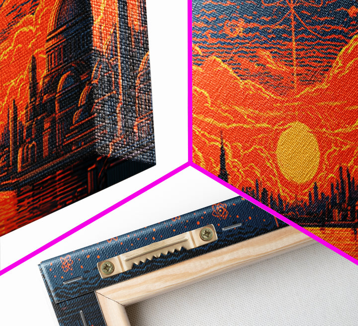 Orange Atomic Sunset Futuristic River Skyline Wall Art, Midcentury Modern Poster, Retro Sci Fi Cityscape Home Office Decor