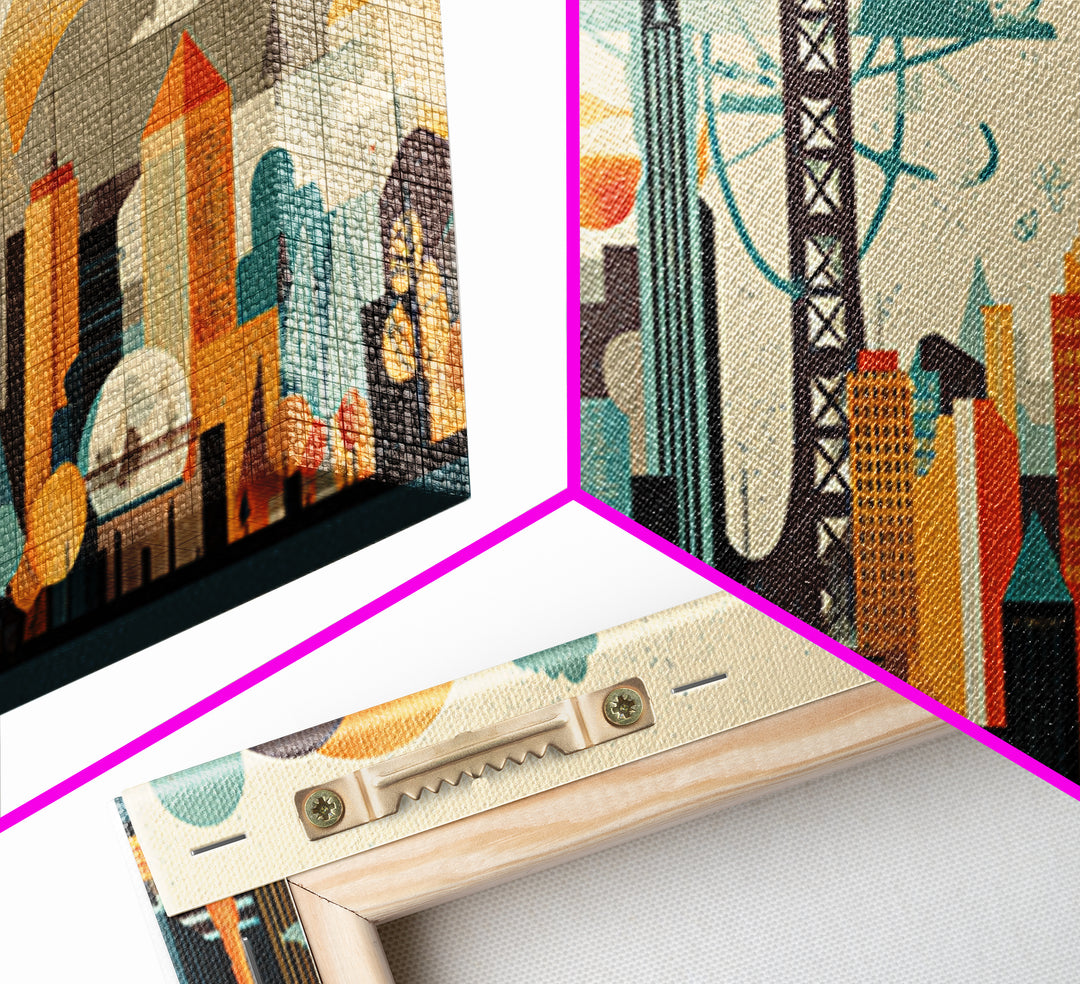 Collage Atomic Bridge City Skyline Canvas Print, Midcentury Modern Wall Art, Geometric Retro Poster, Colorful Office Decor