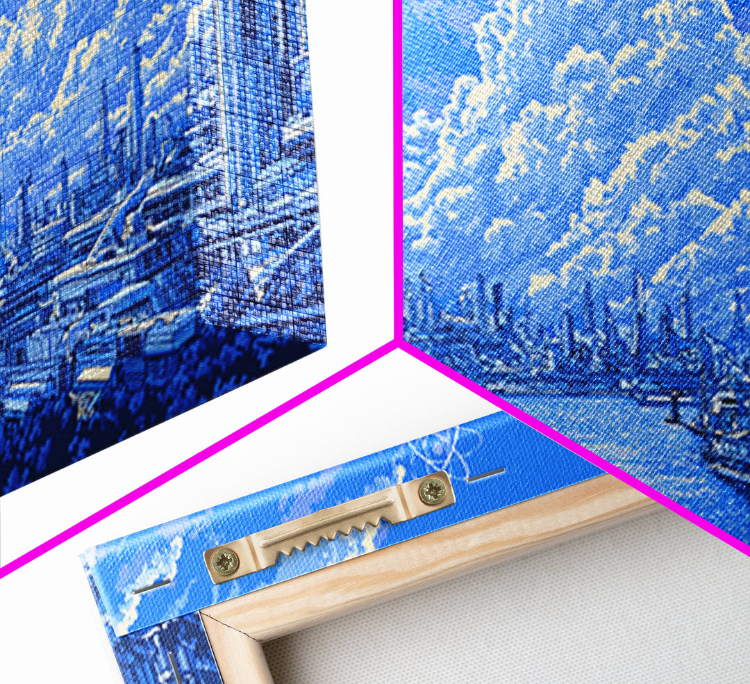 Blue Futuristic Harbor City With Atomic Clouds Wall Art, Modern Art Print, Midcentury Decor, Sci Fi Living Room Poster Gift