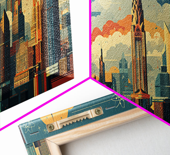 Retro Atomic Skyscraper City At Orange Sun Canvas Print, Midcentury Modern Wall Art, Space Age Skyline Office Decor Poster