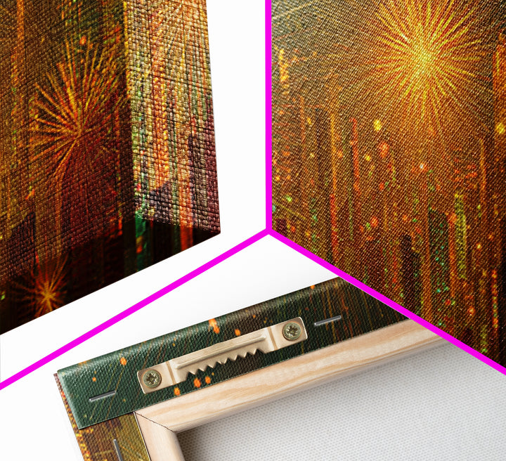 Golden Fireworks Futuristic City Skyline Framed Canvas Print, Modern Wall Art, Midcentury Retro Decor, Large Statement Poster
